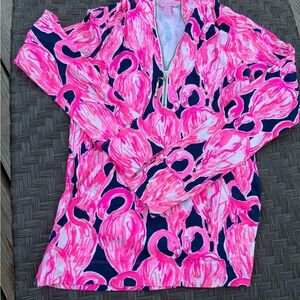 Lilly Pulizer Pink Flamingo Zip Print Pullover XXS 0-4 Resort Beach Top Cotton